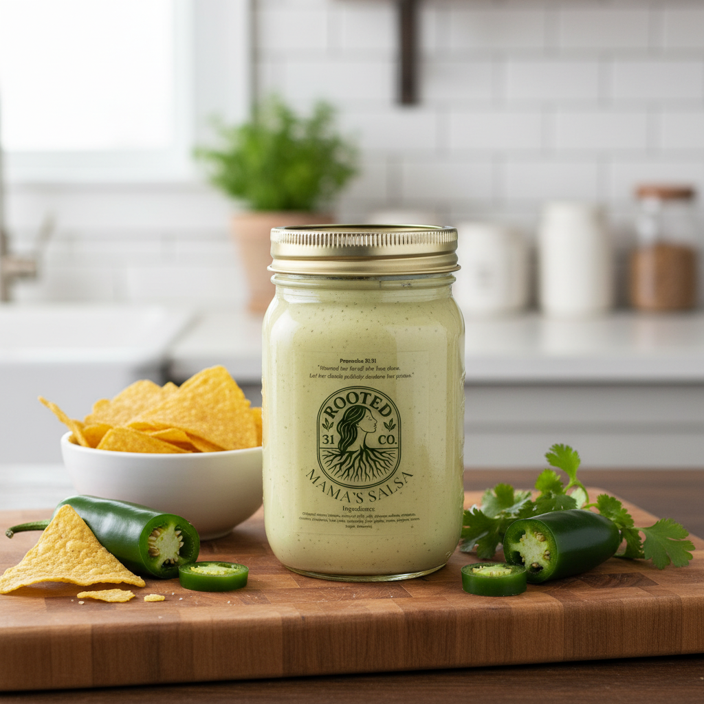 Rooted 31 Mama's Creamy Jalapeño Salsa in rustic kitchen setting